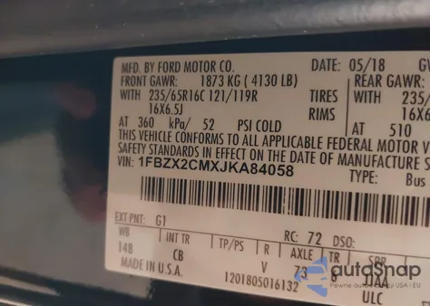 2018 Ford Transit-350 Xlt из США, поврежденный, VIN 1FBZX2CMXJKA84058